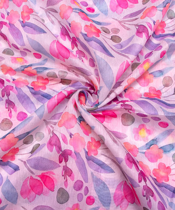 White Digital Floral Printed Chanderi Fabric